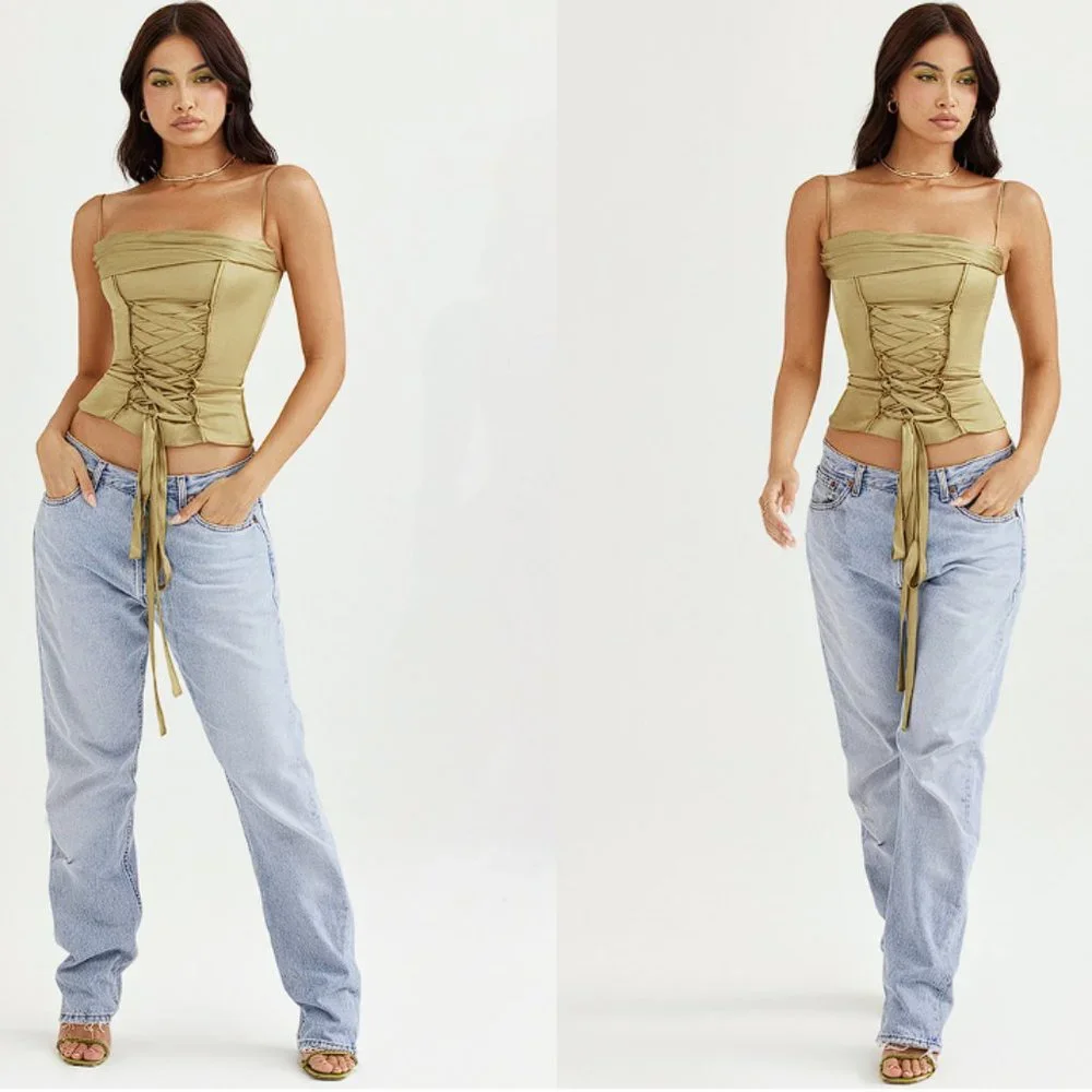 HOUSE OF CB 'Letitia' Olive Satin Lace Up Corset NWOT